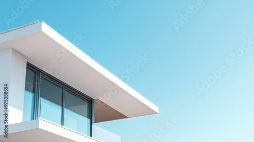 A corner view of a house with a flat, overhanging roof, large windows, and clean white walls, set against a serene, cloudless sky. photo