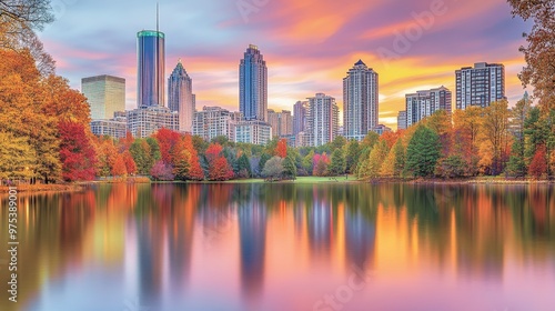 Iconic view of the Atlanta skyline over Piedmont Park, showcasing modern architecture, lush greenery, and a vibrant urban landscape, perfect for illustrating city life and nature harmony