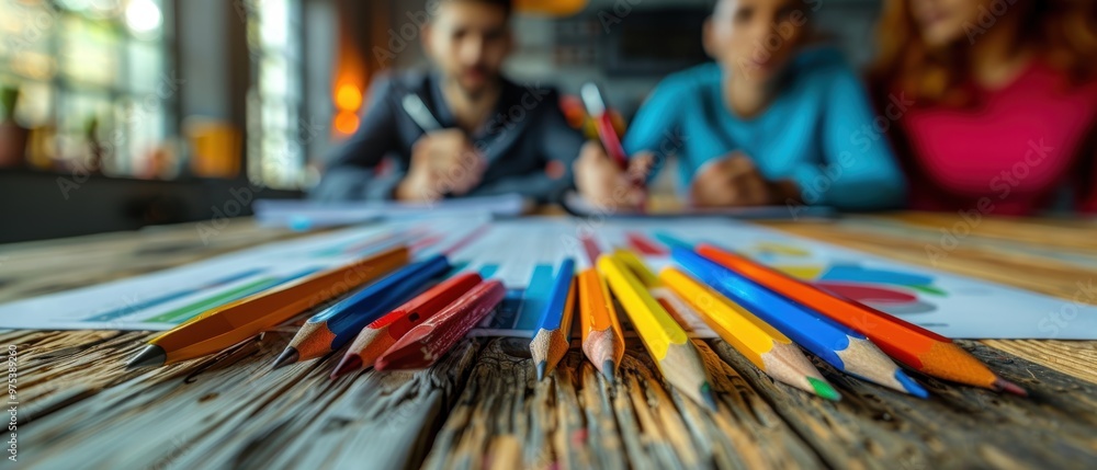 Diverse business team using graphs and charts to discuss marketing plan on a wooden table in the office. Diverse business team using graphs and charts to discuss marketing plan on a wooden table in the office.
