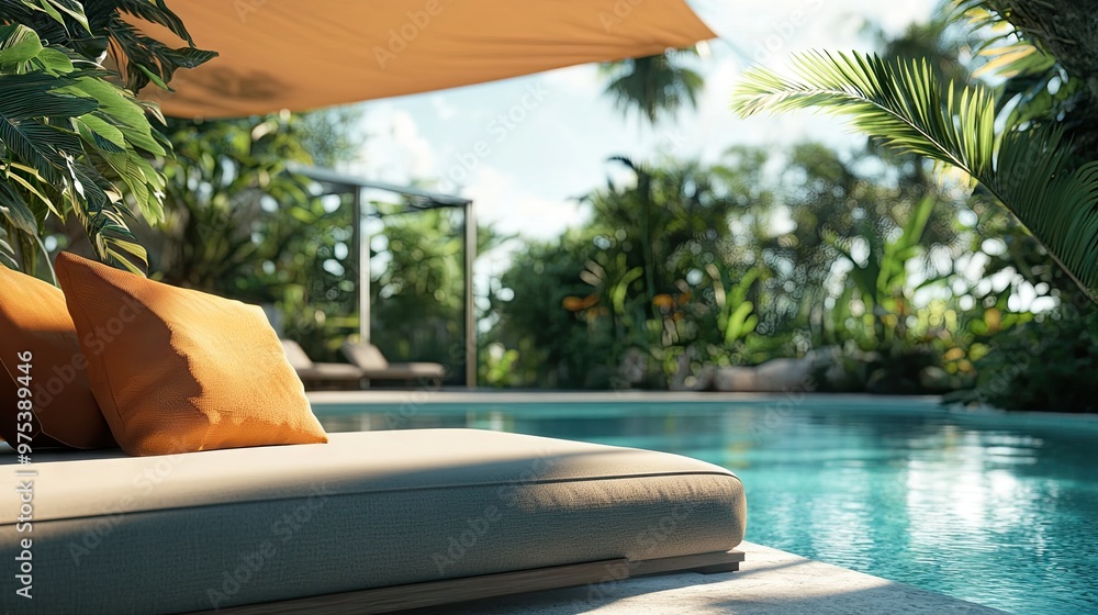 Fototapeta premium A cushioned outdoor lounge chair by a pool, with a sunshade above and a tropical setting in the background.