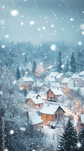 Wallpaper Mural A serene winter scene captures snow falling gently over quaint village, with cozy homes nestled among trees. soft glow of lights adds warmth to chilly atmosphere Torontodigital.ca