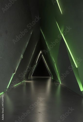 A long, dimly lit corridor with a triangular opening at the end, illuminated by green lights that cast a soft glow on the polished concrete floor.