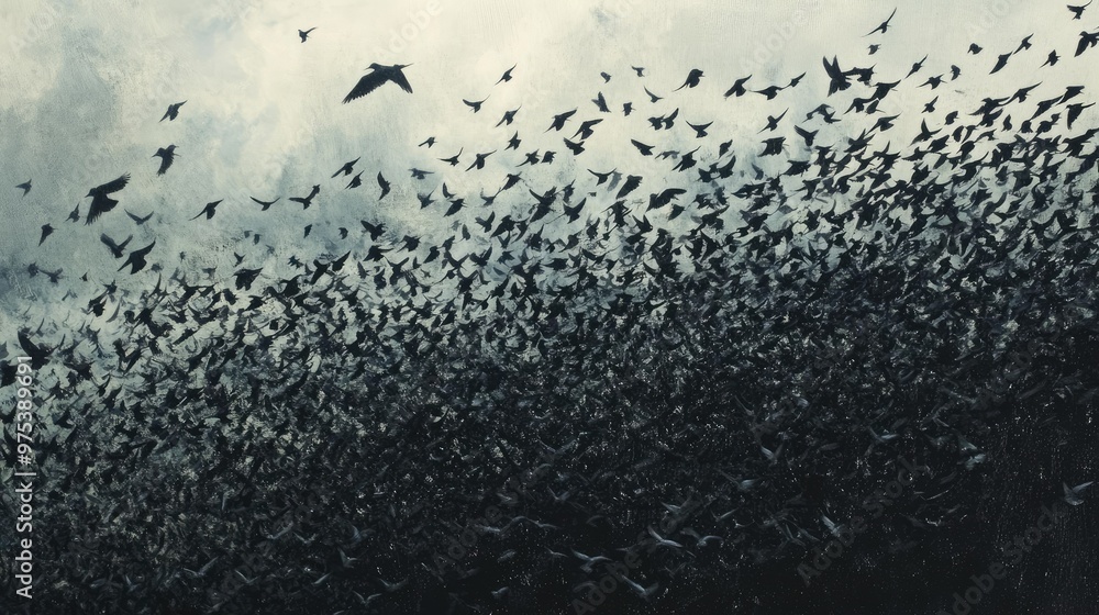 A dense flock of starlings in the sky, creating mesmerizing patterns as they swoop and dive in unison. A dense flock of starlings in the sky, creating mesmerizing patterns as they swoop and dive in unison.