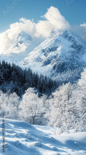 Wallpaper Mural A breathtaking winter landscape featuring snow covered mountains towering over serene scene of frosted trees and blanket of snow. beauty of nature is truly captivating Torontodigital.ca