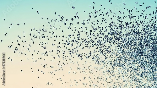 A dense flock of starlings in the sky, creating mesmerizing patterns as they swoop and dive in unison. photo