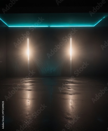 a dimly lit room with two vertical light fixtures on the left side, casting a bright beam of light that illuminates the right side. The floor is wet, reflecting the light, and
