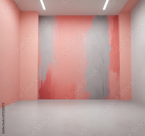 a minimalist interior design with a large, abstract pink and gray wall mural as the focal point.