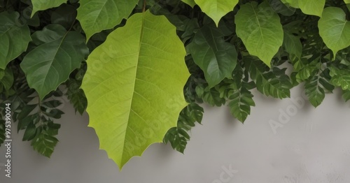 A close-up view of a large, vibrant green leaf with a serrated edge, set against a backdrop of smaller, overlapping leaves and a gray wall.