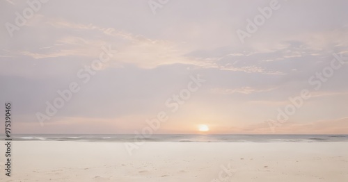 A serene beach scene at sunset, with the sun setting over the horizon and a light pink sky.