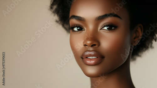 Close-up on the face of a beautiful black woman with little makeup on a neutral background. Ideal for advertising beauty and makeup products