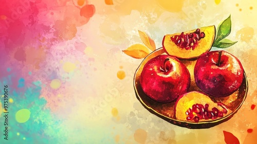 Watercolor style abstract illustration of Rosh Hashanah concept featuring traditional Jewish New Year symbols like apples, honey, pomegranates photo