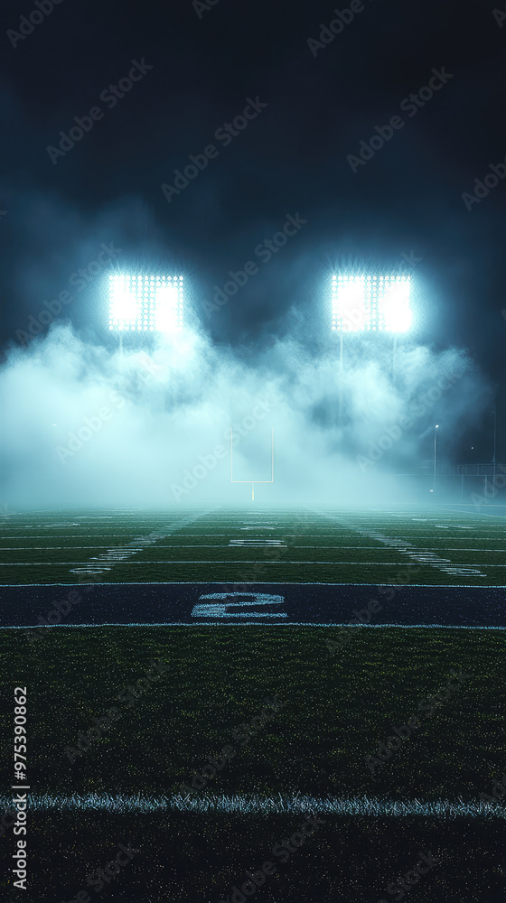 Naklejka premium stadium lights illuminating field during late night game create dramatic atmosphere filled with fog. This scene captures excitement and intensity of nighttime sports