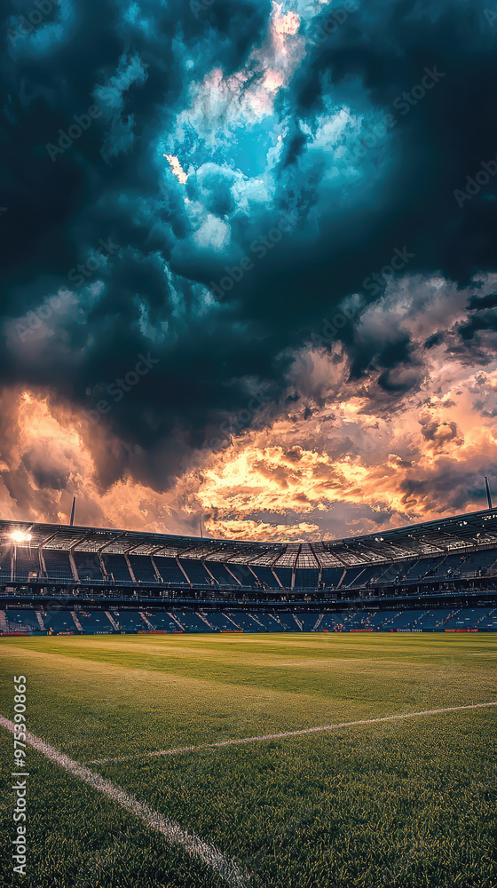 Fototapeta premium Dramatic storm clouds roll over stadium landscape, creating stunning backdrop for vibrant green grass. atmosphere is charged with anticipation and beauty