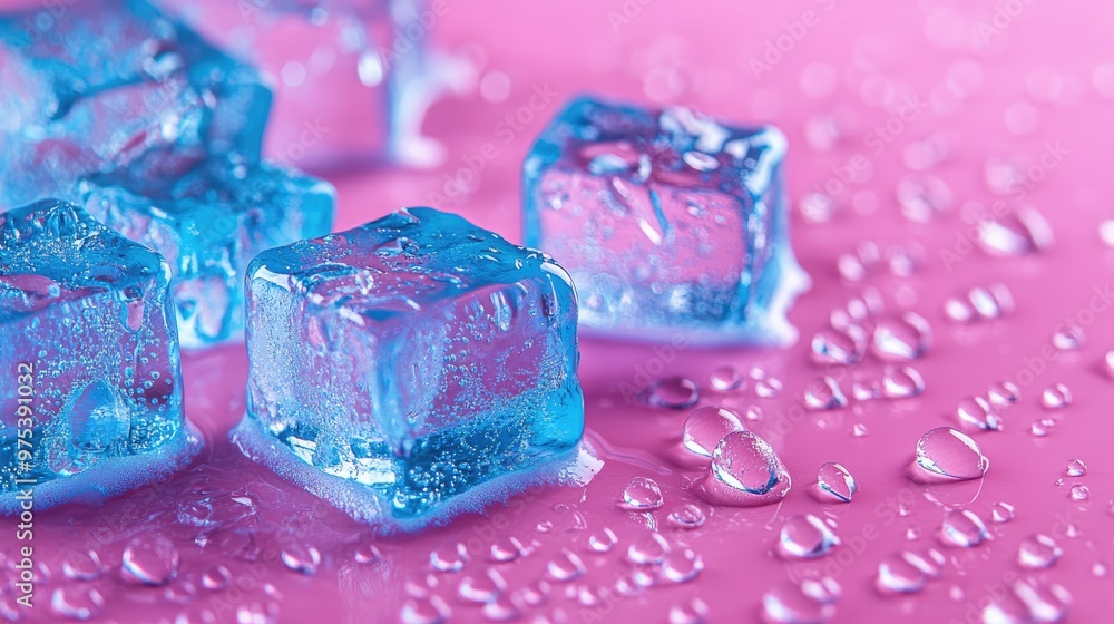Close-up of blue ice cubes with water drops on a pink background, offering a colorful and visually appealing ice-themed image. Close-up of blue ice cubes with water drops on a pink background, offering a colorful and visually appealing ice-themed image.