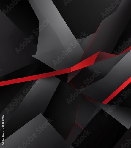 a complex geometric pattern composed of intersecting lines and shapes in shades of black and red, creating a visually striking abstract design.
