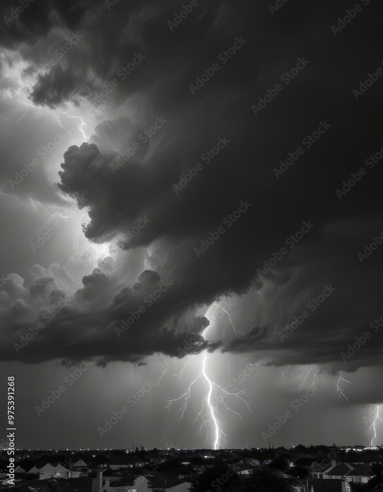 A dramatic black and white photograph of a stormy sky with lightning bolts striking across the cityscape below. A dramatic black and white photograph of a stormy sky with lightning bolts striking across the cityscape below.