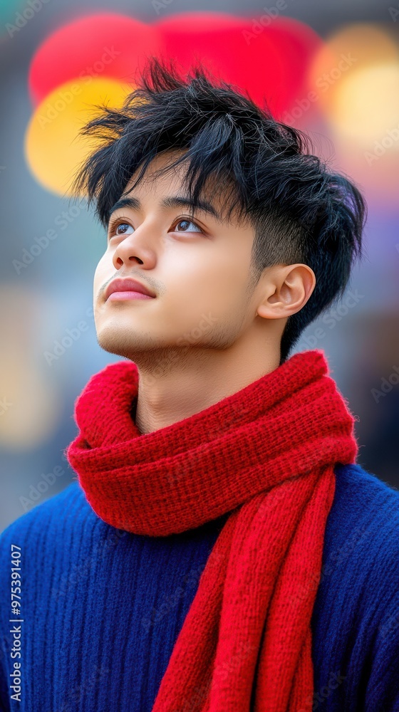 Handsome Young Man in Red Scarf Looking Up Handsome Young Man in Red Scarf Looking Up