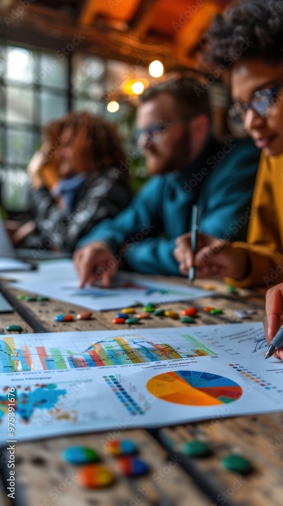 Fototapeta premium Diverse business team using graphs and charts to discuss marketing plan on a wooden table in the office.