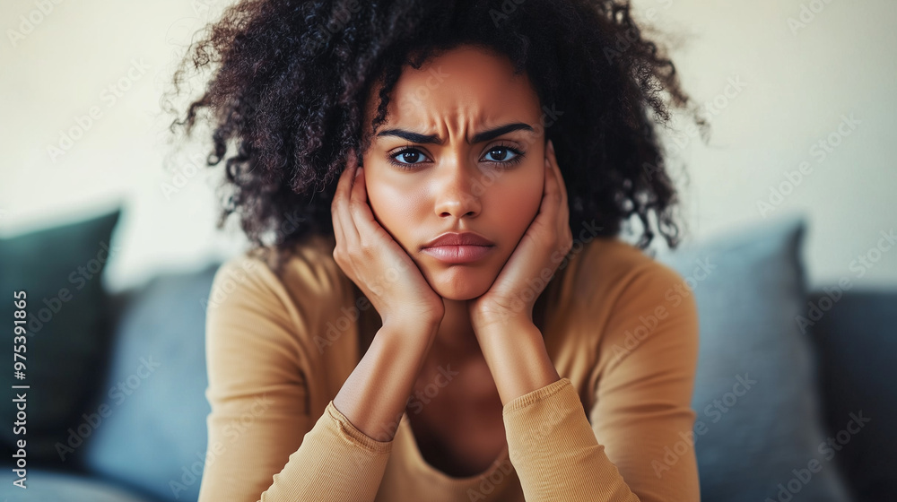 Woman sitting on couch feeling frustrated Woman sitting on couch feeling frustrated