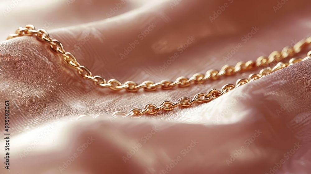A single, delicate gold chain laid out in a gentle curve on a soft velvet surface A single, delicate gold chain laid out in a gentle curve on a soft velvet surface