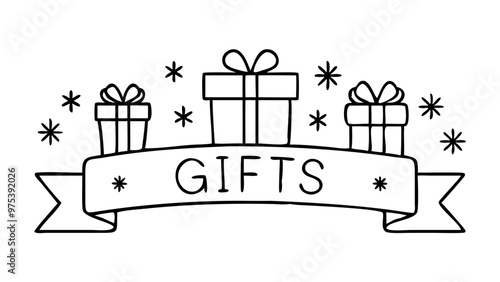 Festive Gifts banner with present boxes and stars in black and white outline style for holiday season