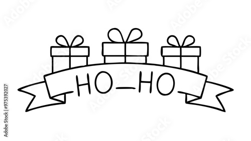 Playful Ho-Ho banner with gift boxes in black and white outline style for Christmas and holiday season