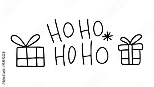 Playful Ho Ho Ho Ho text with gift boxes in cheerful hand-drawn style with copy space