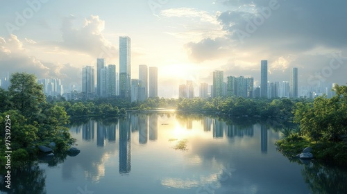 Cityscape with Reflections in a Lake at Sunset