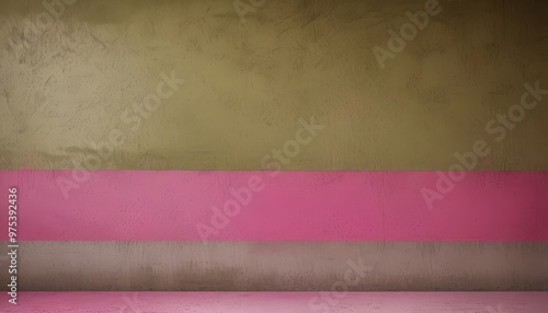 A textured wall with three horizontal stripes in pink, red, and green.