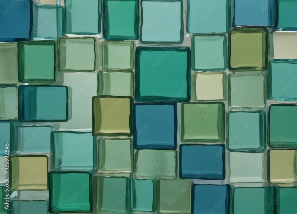 A grid of square tiles in various shades of green, blue, and yellow, arranged in a visually appealing pattern. A grid of square tiles in various shades of green, blue, and yellow, arranged in a visually appealing pattern.