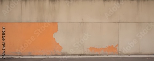 a concrete wall with a faded orange paint strip on the left side, creating a contrast between the solid gray wall and the vibrant orange paint.