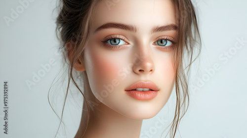 Close-up of a beautiful woman's face with little makeup on a neutral background. Ideal for advertising beauty and makeup products