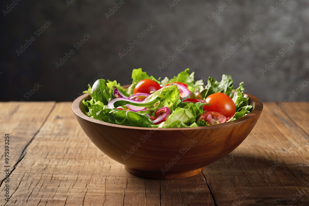 Realistic salad bowl on wood table with beautiful studio light and fresh organic vegetable leaf, onion, tomato ingredient for vegan food in concept of tasty delicious clean and healthy food Realistic salad bowl on wood table with beautiful studio light and fresh organic vegetable leaf, onion, tomato ingredient for vegan food in concept of tasty delicious clean and healthy food
