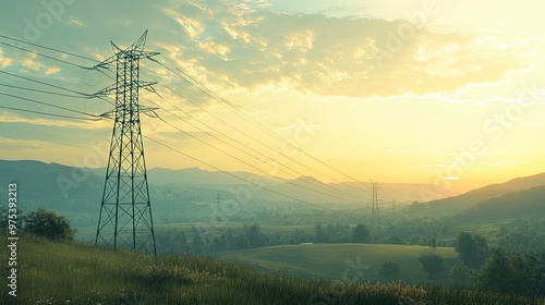 A high voltage tower on a hilltop, framed by the rolling countryside below and power lines stretching into the distance.