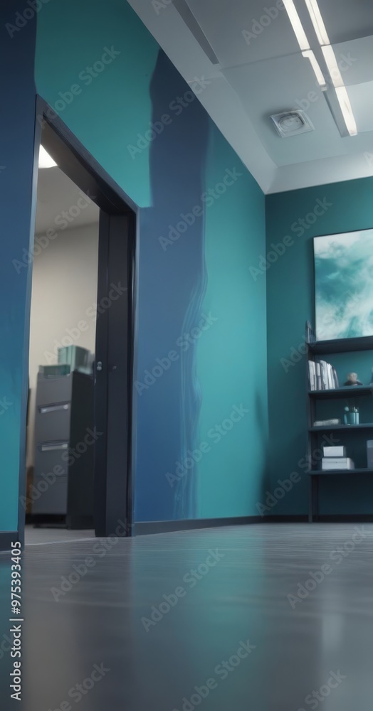a modern office space with a blue and white color scheme. The focal point is a large open doorway leading to another room, with a black door and a white door frame. The walls a modern office space with a blue and white color scheme. The focal point is a large open doorway leading to another room, with a black door and a white door frame. The walls