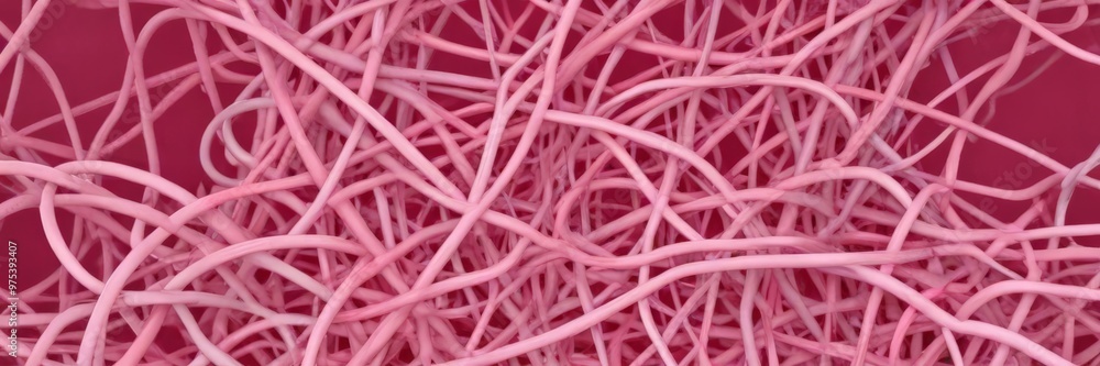 a close-up view of a pink, tangled web of thin, overlapping strands, creating a complex and intricate pattern. a close-up view of a pink, tangled web of thin, overlapping strands, creating a complex and intricate pattern.