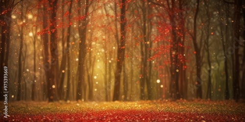 A serene forest scene with a carpet of fallen leaves in red and orange hues, illuminated by a soft glow of golden light filtering through the trees.