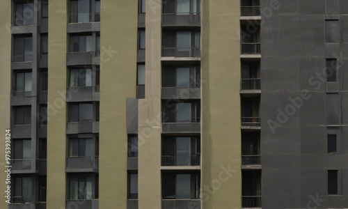 a close-up view of a multi-story building with a dark gray exterior and a lighter gray interior.