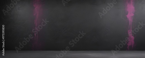 A dark, empty room with a black floor and a vertical pink streak on the right wall.