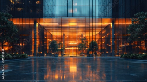 Modern glass building reflecting warm light at dusk.