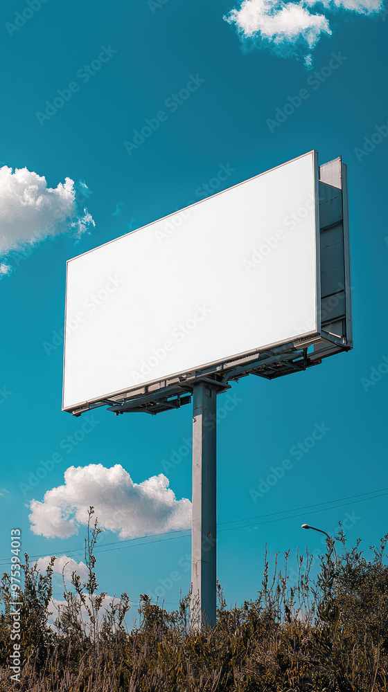 Obraz premium A blank billboard stands tall against vibrant blue sky, surrounded by lush greenery and fluffy white clouds. This scene captures sense of openness and potential