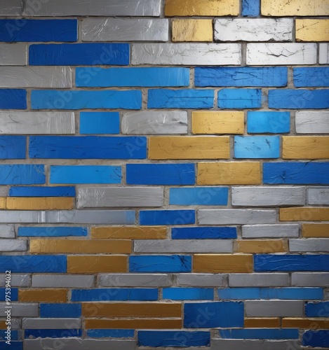 A close-up view of a brick wall with alternating blue and gold bricks, creating a visually striking pattern.