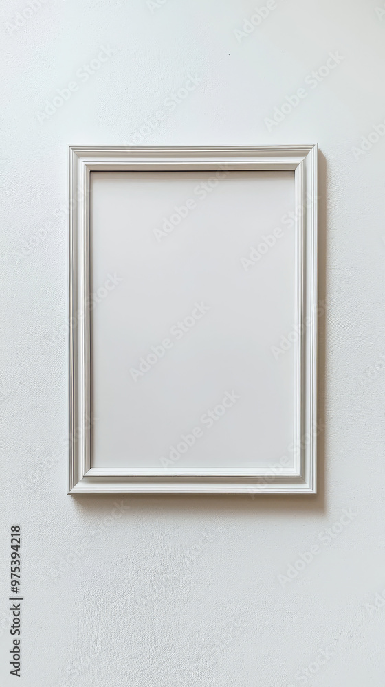 A blank picture frame on white wall creates minimalist aesthetic, perfect for showcasing art or photographs. This elegant design enhances any decor style A blank picture frame on white wall creates minimalist aesthetic, perfect for showcasing art or photographs. This elegant design enhances any decor style