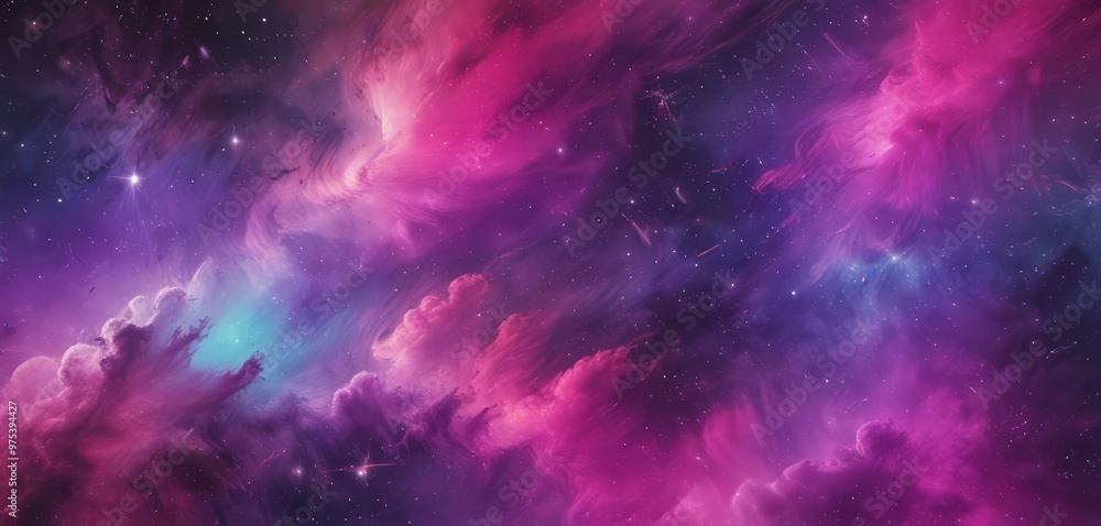 a vibrant cosmic scene with swirling clouds of pink, purple, and blue hues, accented by twinkling stars and a deep purple backdrop. a vibrant cosmic scene with swirling clouds of pink, purple, and blue hues, accented by twinkling stars and a deep purple backdrop.