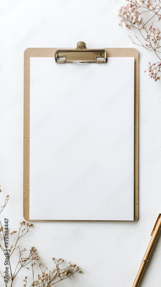 A clean clipboard with blank sheet is surrounded by delicate flowers and pen, creating serene and organized workspace. This setup is perfect for note taking or creative brainstorming A clean clipboard with blank sheet is surrounded by delicate flowers and pen, creating serene and organized workspace. This setup is perfect for note taking or creative brainstorming