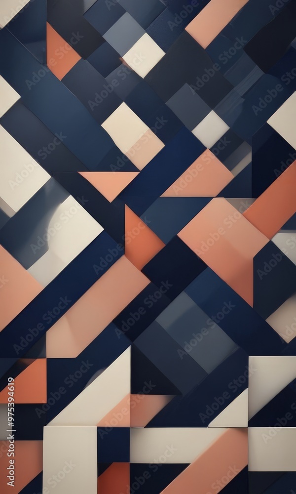 The image presents a geometric pattern composed of intersecting lines and rectangles in various shades of blue, white, and peach, creating a visually striking and abstract design.