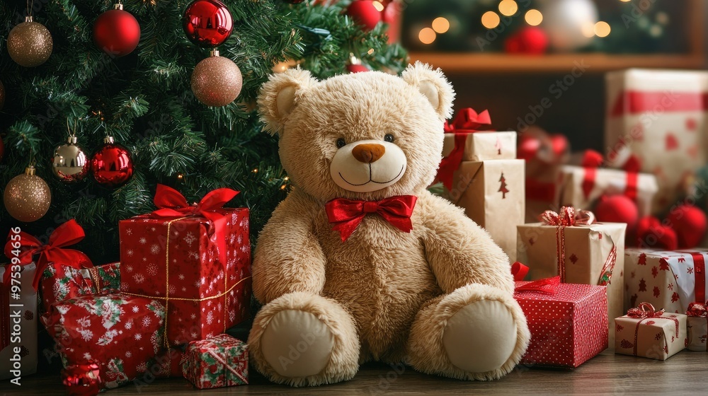 A large, fluffy bear toy sitting next to a Christmas tree, surrounded by festive decorations and wrapped presents. A large, fluffy bear toy sitting next to a Christmas tree, surrounded by festive decorations and wrapped presents.