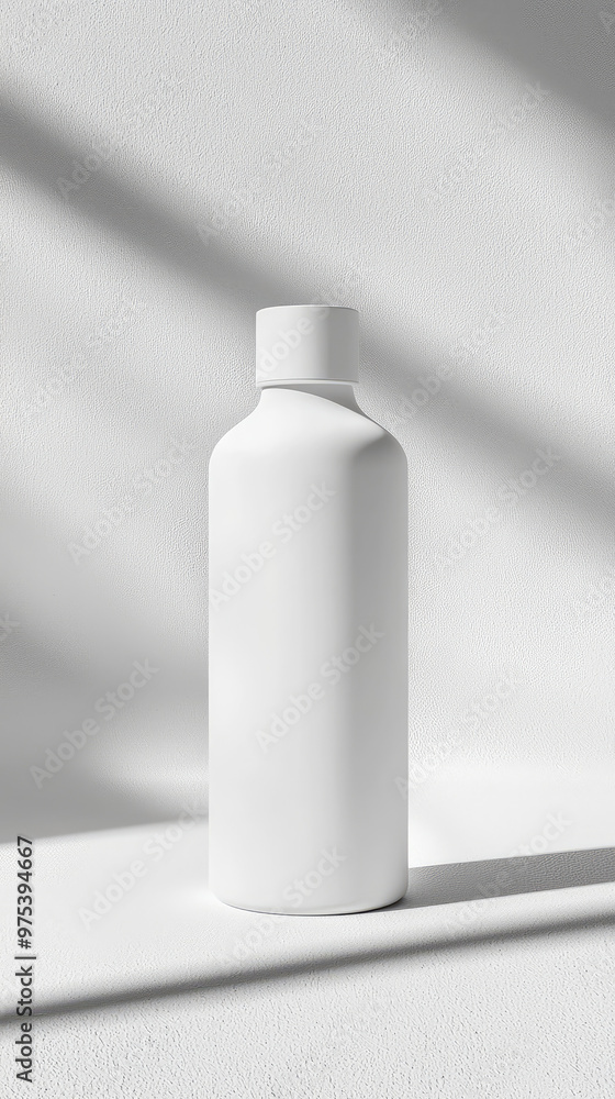 A sleek, cylindrical white product bottle stands against textured background, casting soft shadows that enhance its minimalist design. simplicity evokes sense of modern elegance and versatility A sleek, cylindrical white product bottle stands against textured background, casting soft shadows that enhance its minimalist design. simplicity evokes sense of modern elegance and versatility