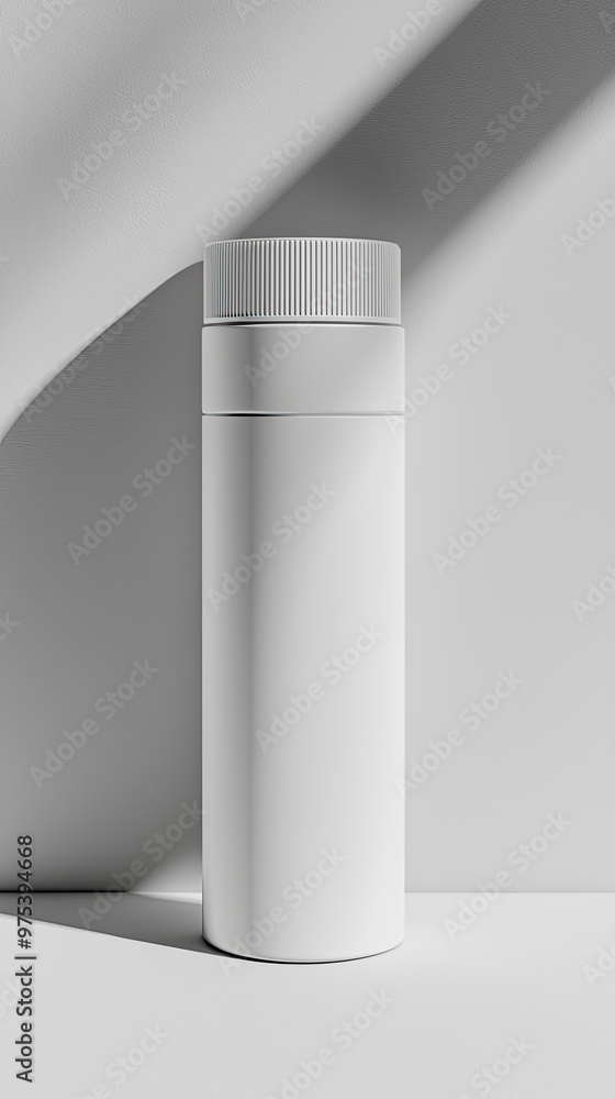 A sleek, cylindrical white product bottle stands against minimalist background, showcasing its modern design and clean lines. soft shadows enhance its elegant appearance, making it ideal for branding A sleek, cylindrical white product bottle stands against minimalist background, showcasing its modern design and clean lines. soft shadows enhance its elegant appearance, making it ideal for branding
