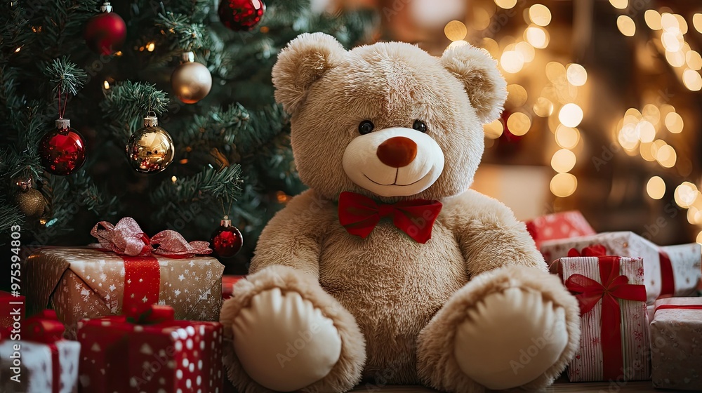 A large, fluffy bear toy sitting next to a Christmas tree, surrounded by festive decorations and wrapped presents. A large, fluffy bear toy sitting next to a Christmas tree, surrounded by festive decorations and wrapped presents.